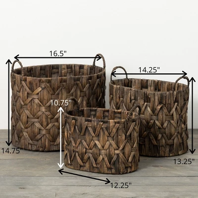 14.75"H Sullivans Dark Brown Woven Basket Set Of 3, Brown 3 14.75"H Sullivans Dark Brown Woven Basket Set Of 3, Brown - Image 3