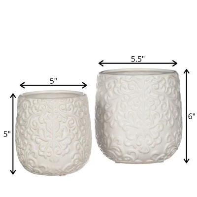 Sullivans Set Of 2 Embossed Planters 6"H & 5"H White 1 Sullivans Set Of 2 Embossed Planters 6"H & 5"H White